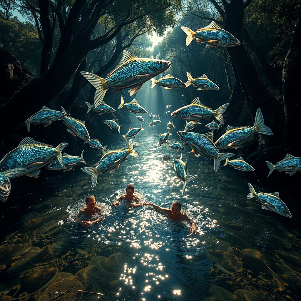 Surreal Creek Scene With Luminous Alien Fish