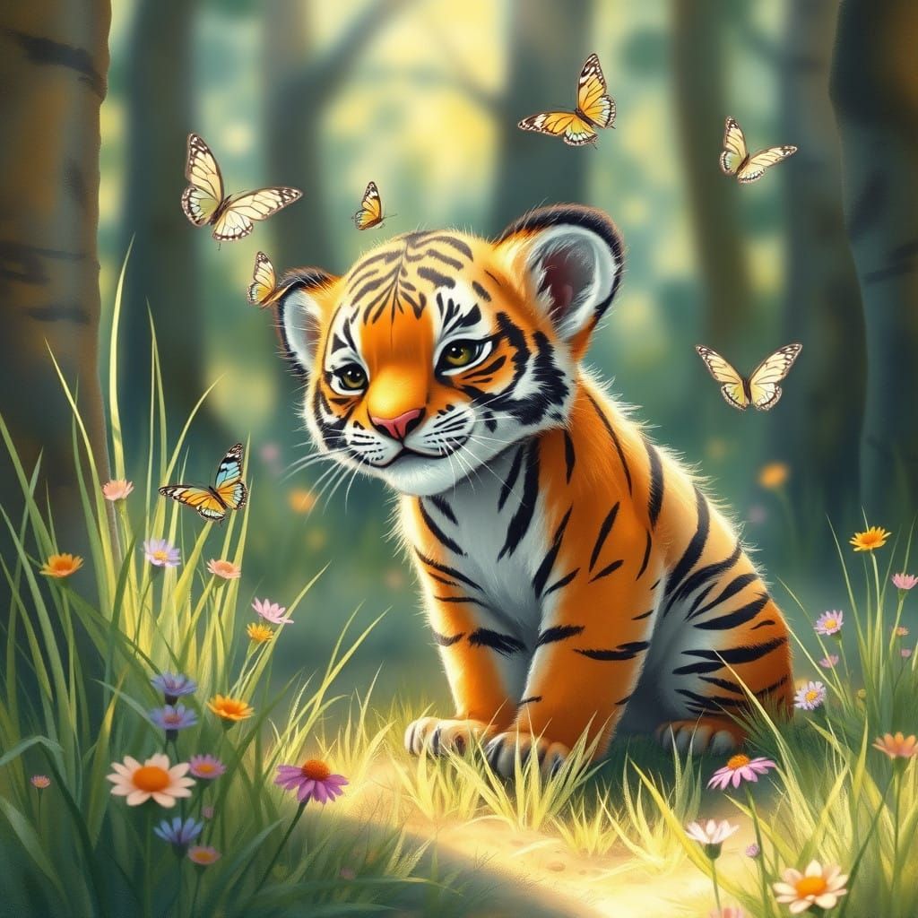 Tiger Cub Chases Whimsical Butterflies in Sunny Forest
