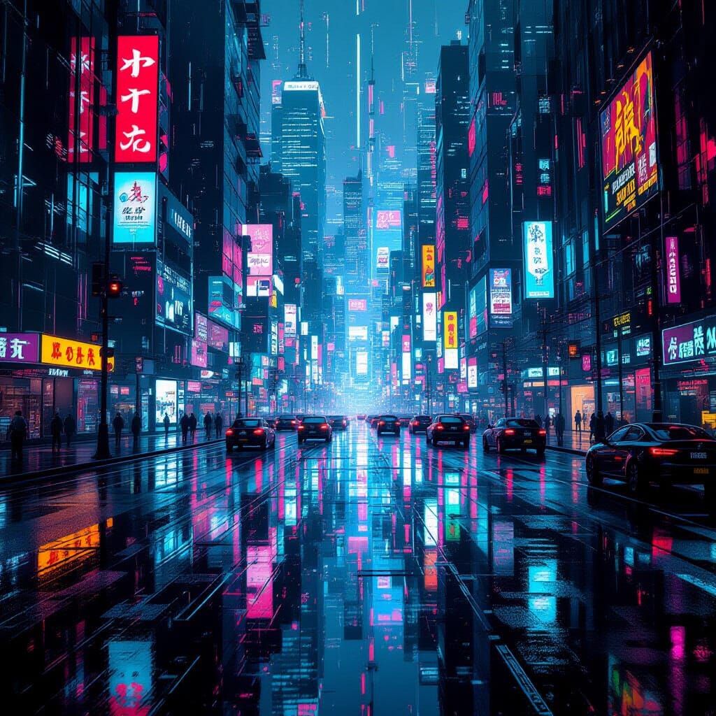 Fractured Cyberpunk City Reflected in Mirror