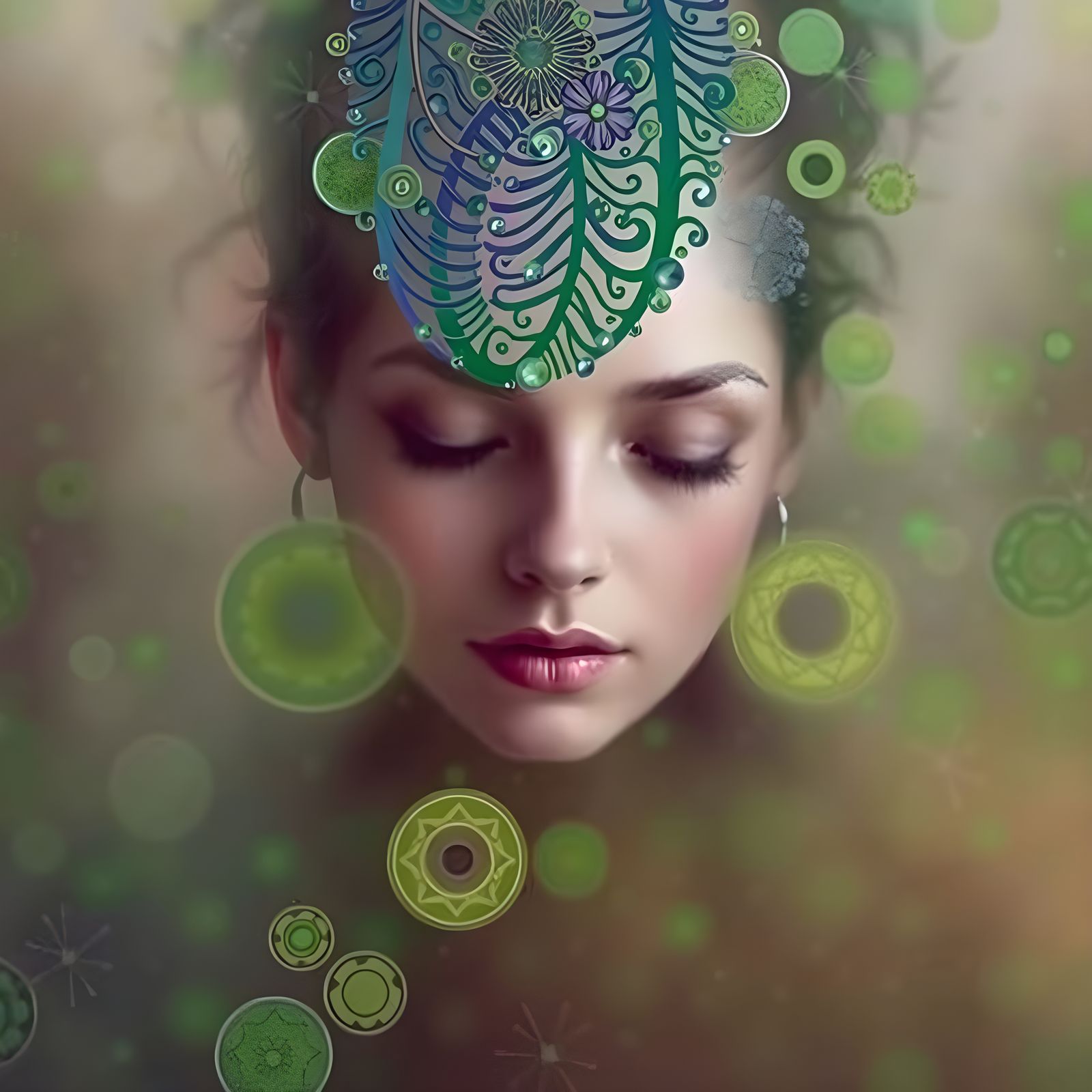 Exquisite Botanical Vogue Face in a Futuristic Cityscape