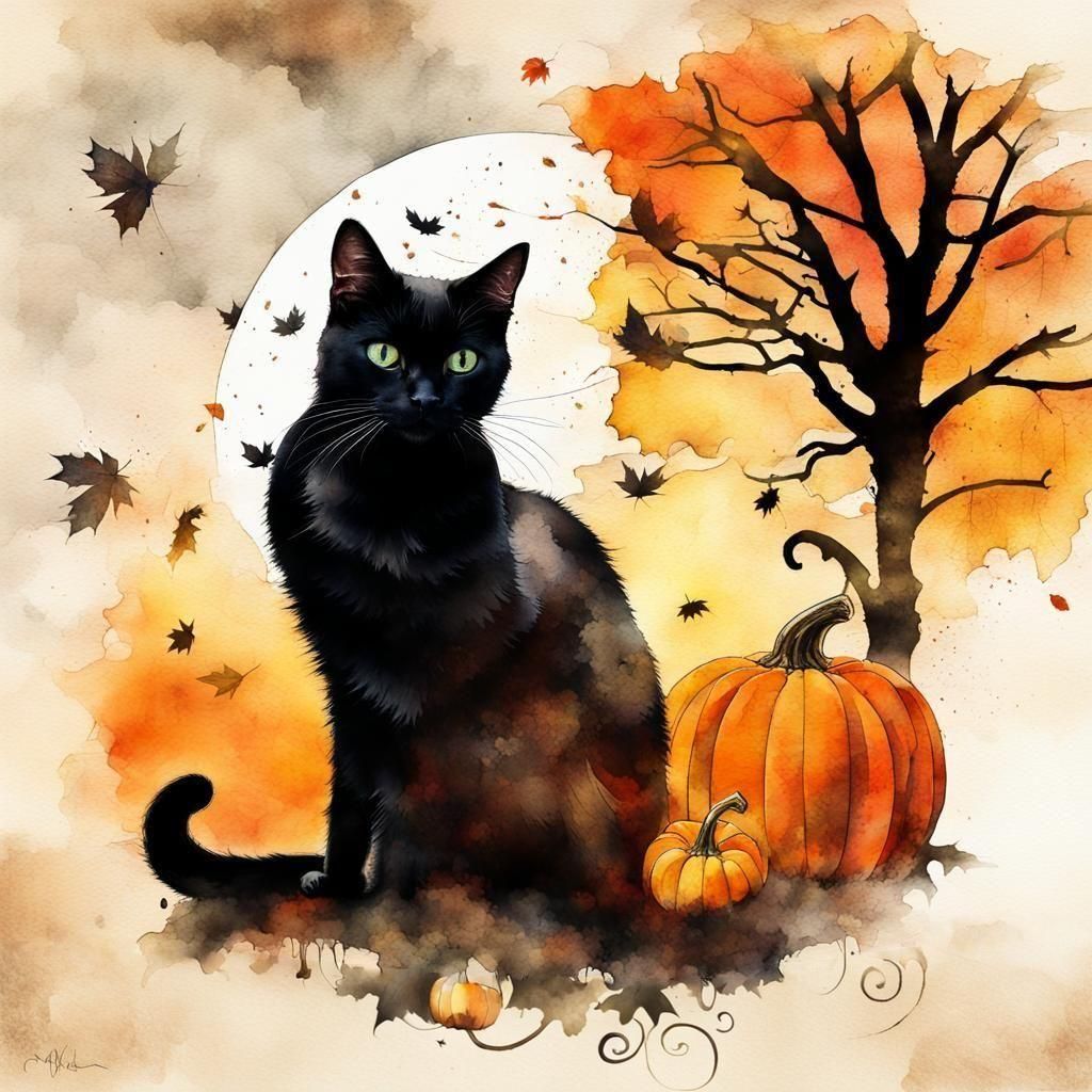 Halloween Black Cat Double Exposure Watercolor Art