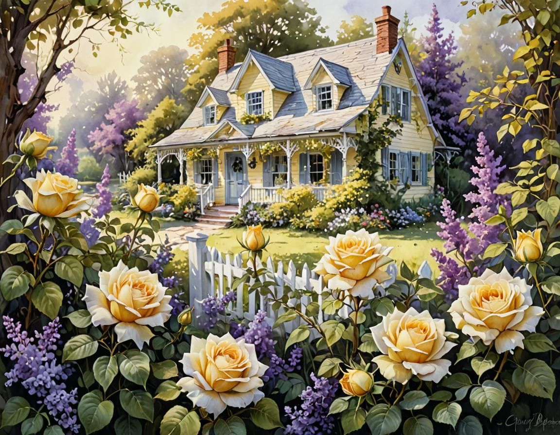 Secret Garden Cottage in Watercolor Style