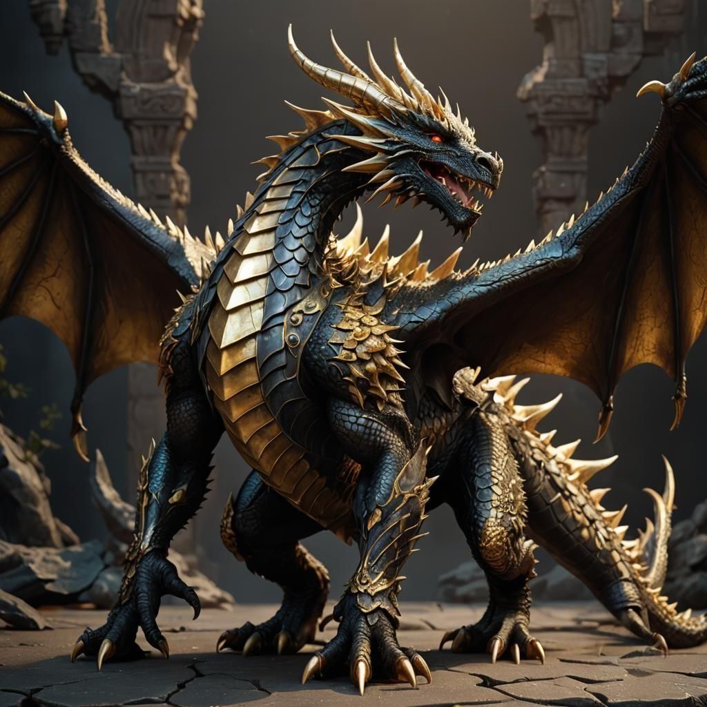 Detailed 3D Anime Elder Dragon with Golden Horns