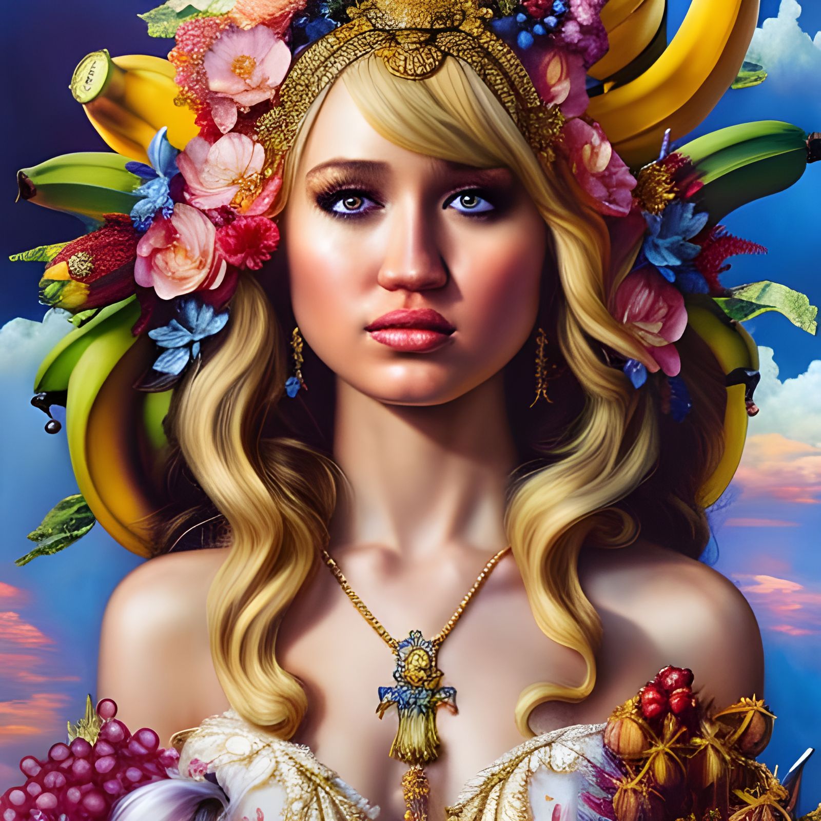 Hannah Montana in Rococo Style Surrounded by Bananas