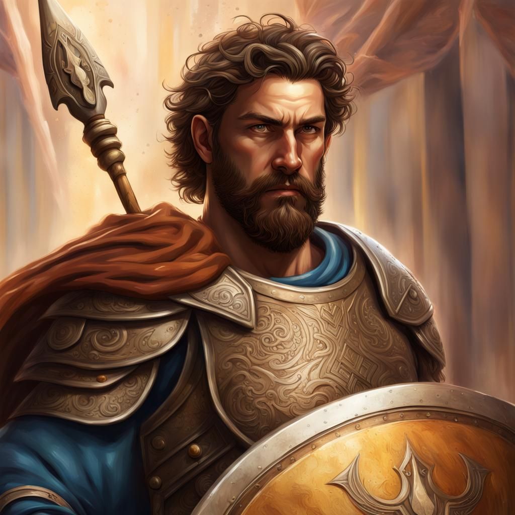 Hyperrealistic Greek Paladin with Spear and Evil Eye Shield