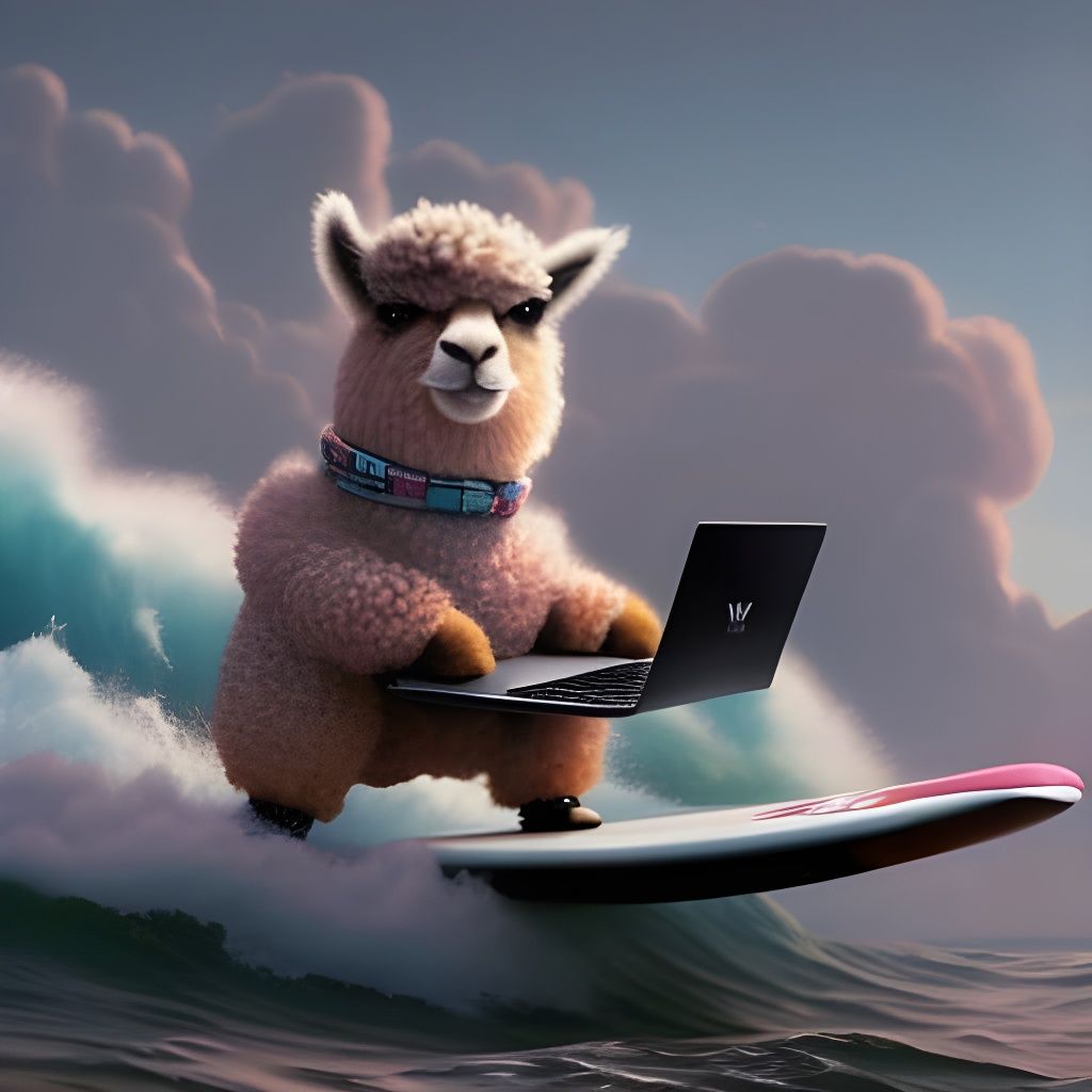 Alpaca Surfing with Laptop: A Greg Rutkowski Portrait