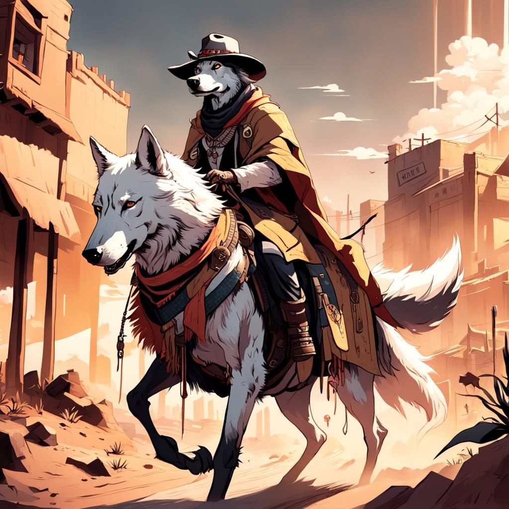 Wolf Cowboy Rides into Desert Town