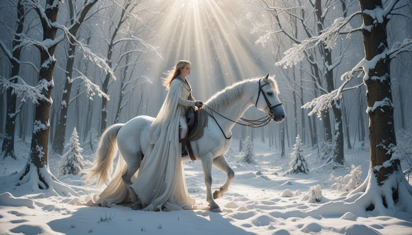 Ethereal Woman on White Horse in Snowy Forest