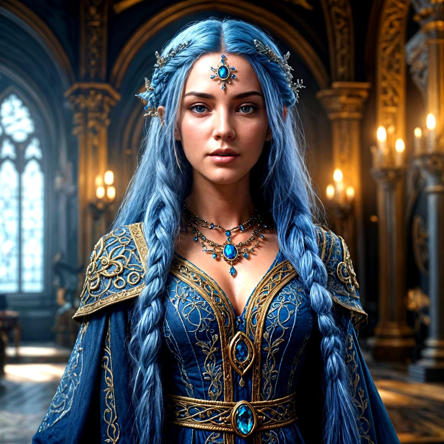 Mysterious Blue-Haired Sorceress in Grand Hall