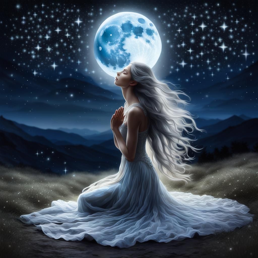 Ethereal Moonlit Woman Praying: Hyperdetailed Digital Art