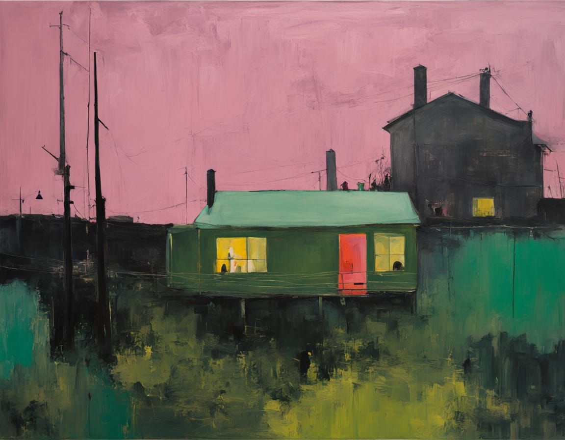 Expressive Pink and Green Aurora Borealis Oil Painting