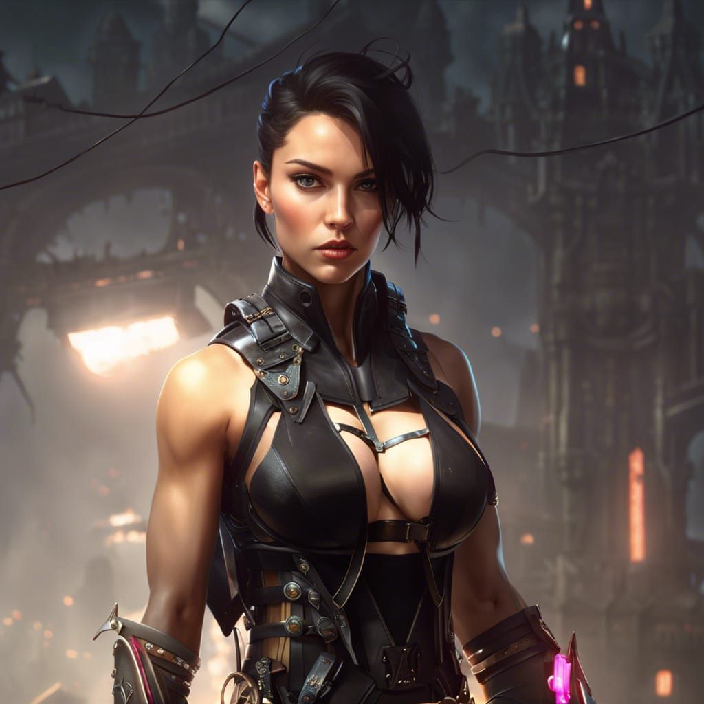 Tomboy in Cyberpunk Harness: Detailed Sci-Fi Art