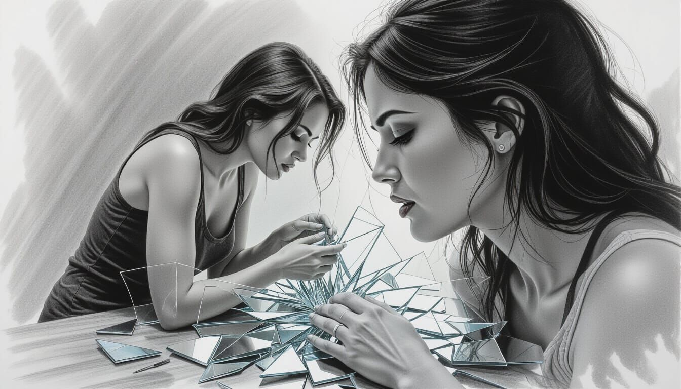 Woman Shattering Like Mirror, Lover Gathers Pieces