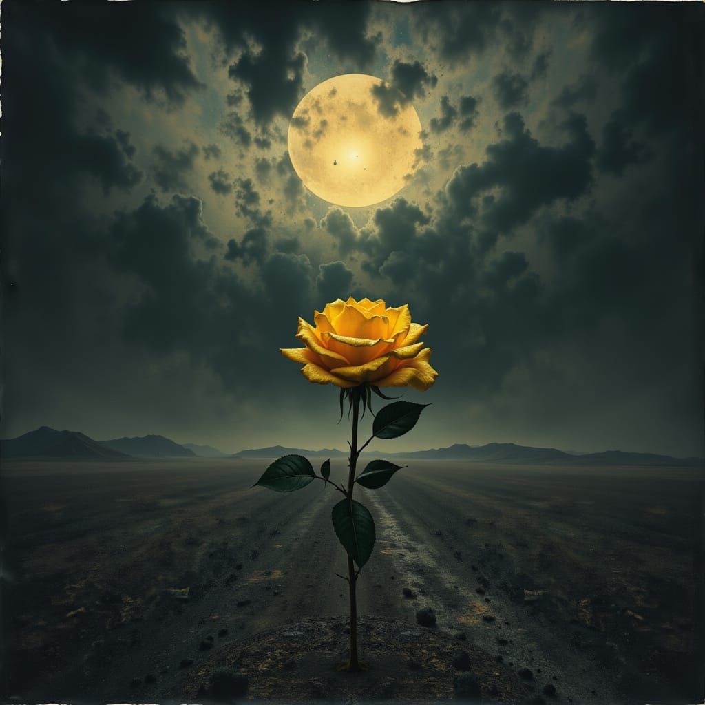 Radiant Yellow Rose in Desolate Desert Landscape