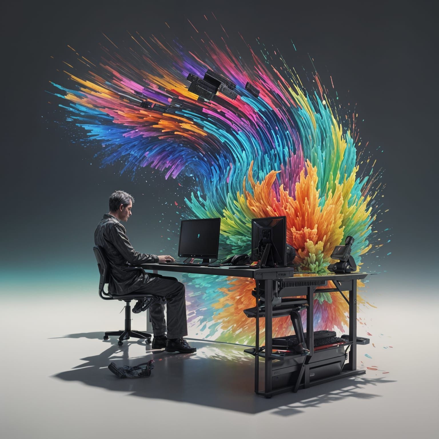 Man Immersed in Colorful Digital World