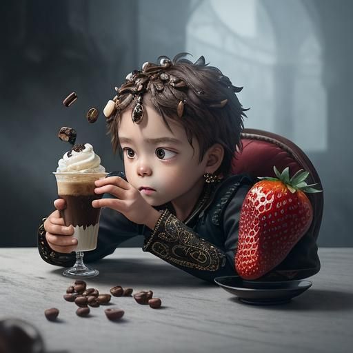 Child King Enjoys Coffee Dessert, Digital Matte Painting