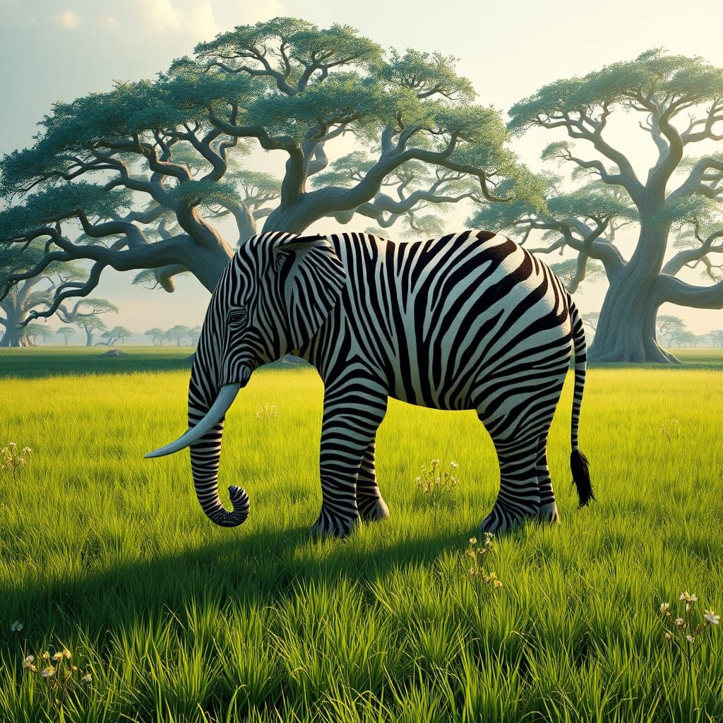 Elephant Silhouette from Zebra Fur on a Vibrant Emerald Fiel...