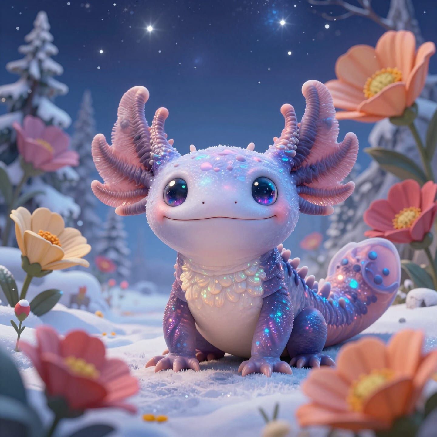 Serene Axolotl in Starry Winter Wonderland