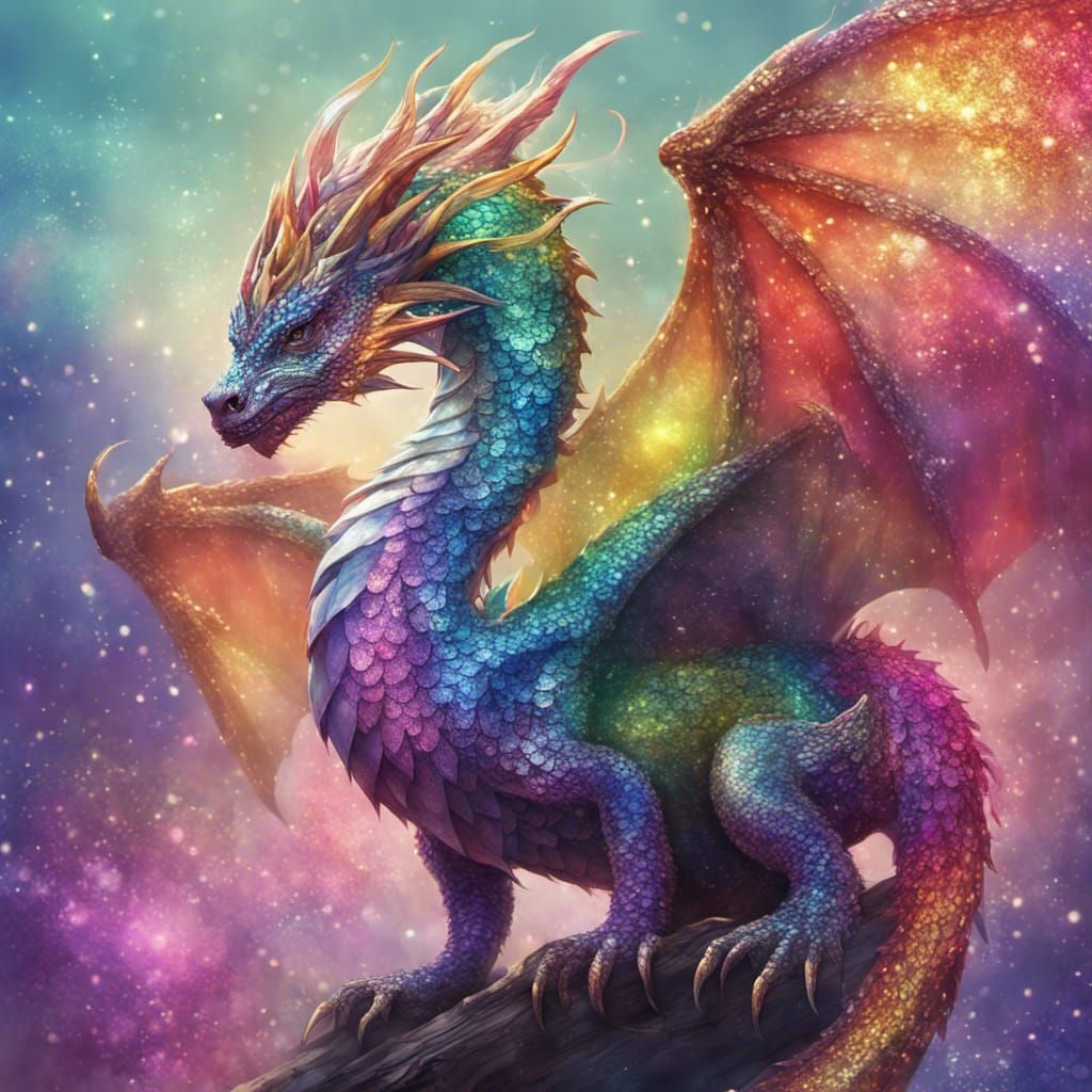Rainbow Glitter Dragon in a Sparkling Landscape