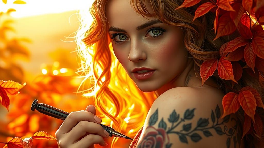 Golden Portrait of a Beautiful Tattoo Artist