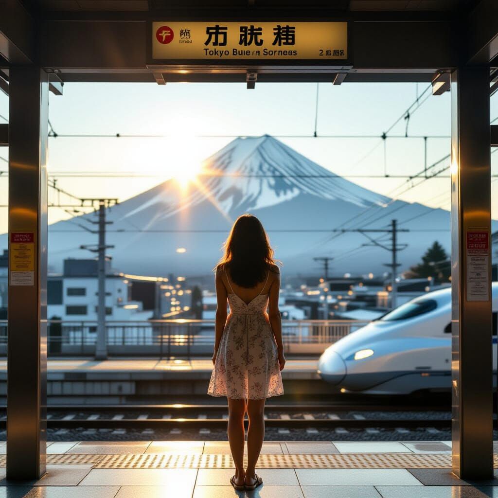 Woman Gazing at Mount Fuji in Vibrant Realism