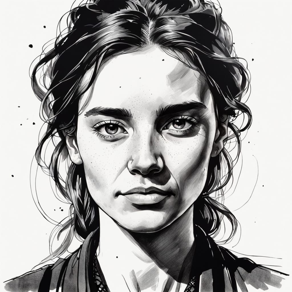 Woman's Portrait in Black Ink Drawing