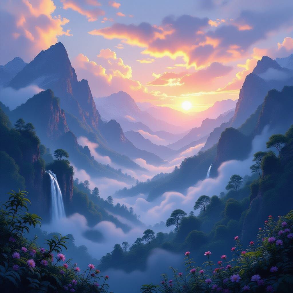 Ethereal Mountain Range at Sunrise: Digital Matte Painting