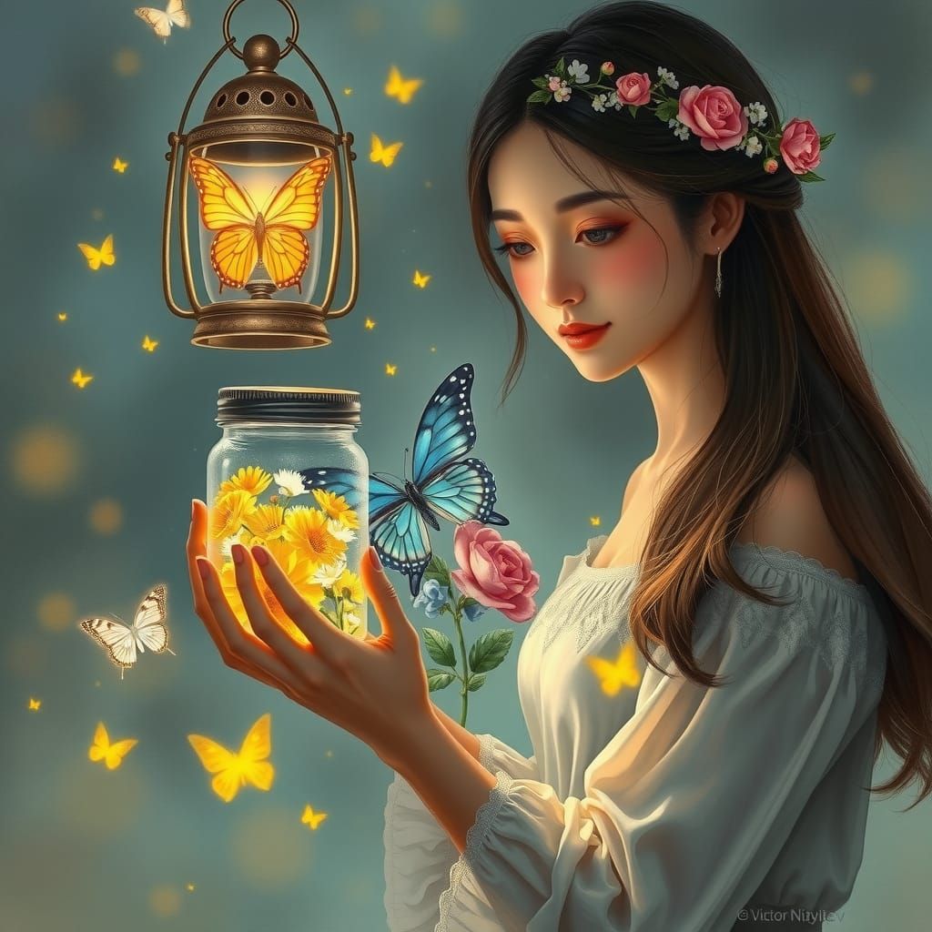 Woman with Firefly Jar: Dreamy Surrealist Painting