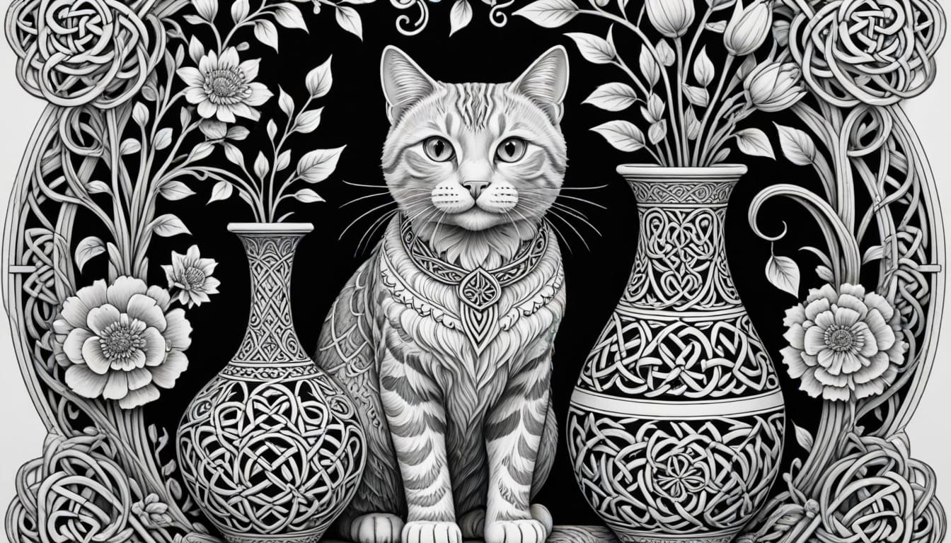 Cats and Vases in Celtic-Inspired Illustrations