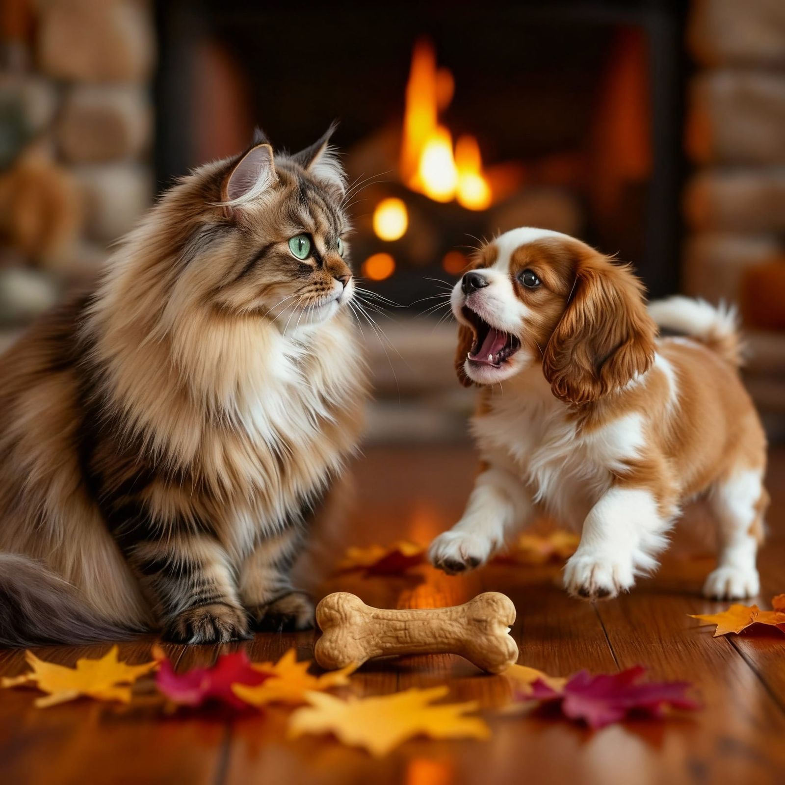 Persian Cat and Spaniel Puppy in Cozy Autumn Room