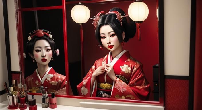 Vintage Oiran Applying Lipstick in Ukiyo-e Style