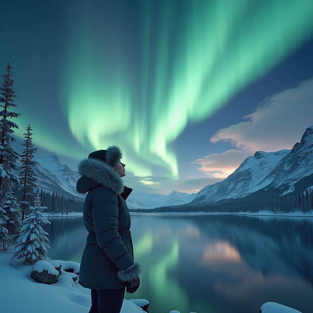 Woman Watching Aurora Borealis in Alaska