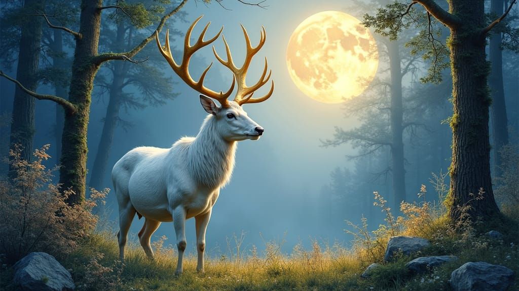White Stag with Golden Horns in Moonlit Glade
