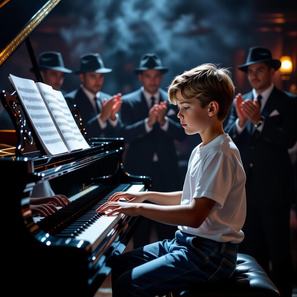 Boy Plays Piano for Mobsters in Film Noir Style
