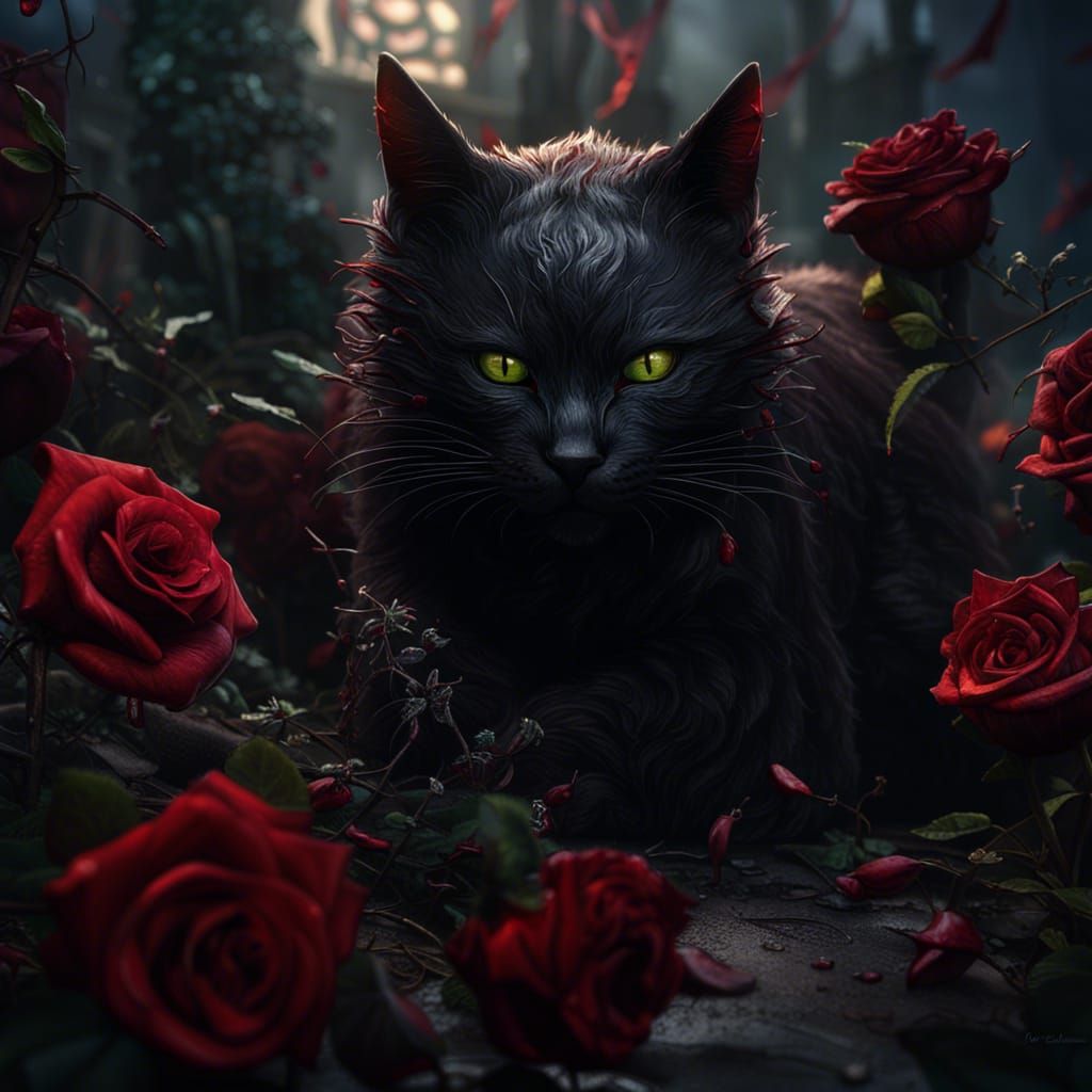 Demonic Black Cat in Bloody Rose Garden