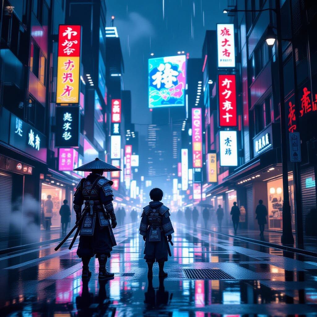 Futuristic Tokyo Street Scene with Solitary Warrior