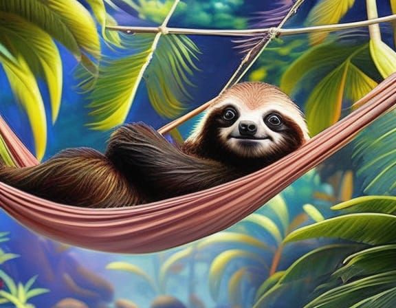 Adorable Sloth in Hammock on Tropical Beach