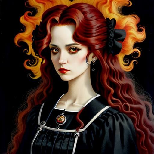 Gothic Girl with Fiery Hair, in Surrealist Style