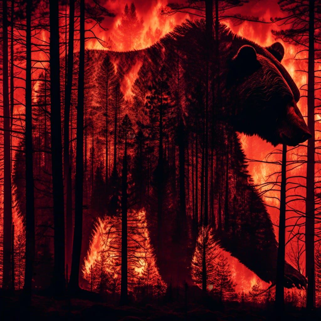 Double Exposure: Bear Silhouette and Forest Fire