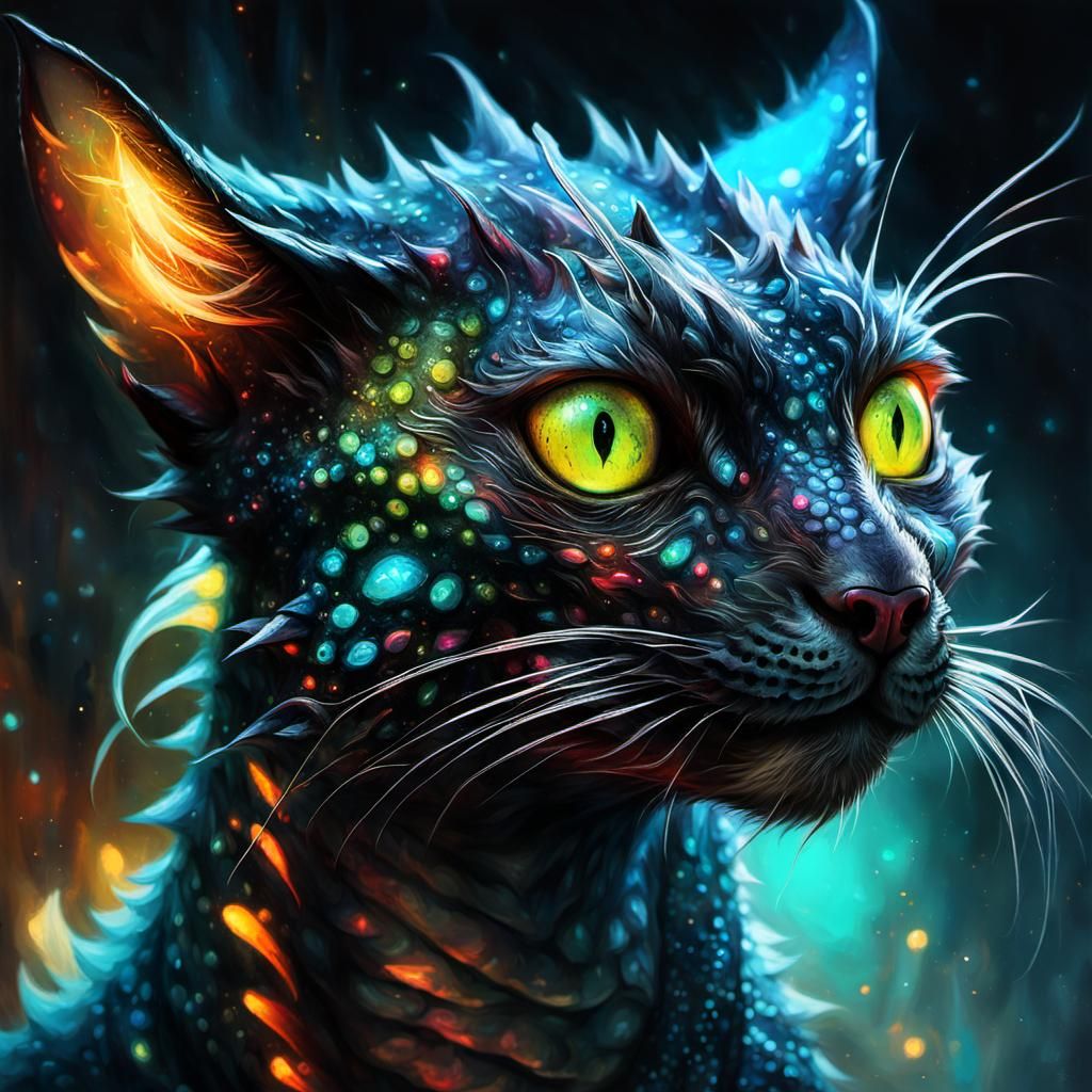 Neon Bioluminescent Dragon Kitten in Volcanic Hyperspace