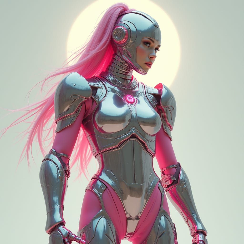 Heroic Woman in Chrome Armor with Soft Pink Accents in a Fut...