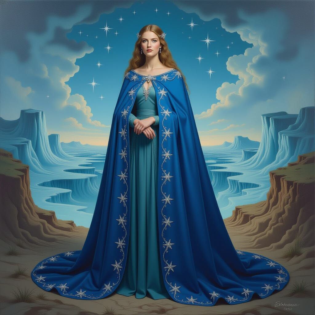 Lady Éowyn in Starry Mantle Before Surreal Landscape