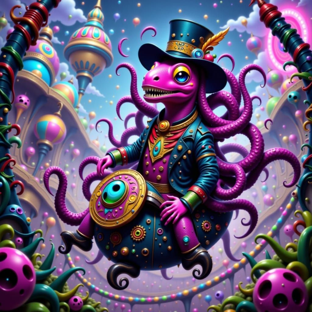 Dinosaur Octopus on Rollercoaster in Anime Style