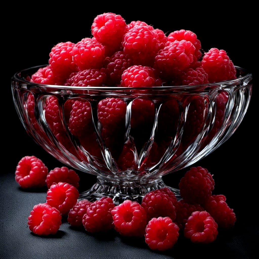 oil still life masterpiece glass bowl full of Red raspberries