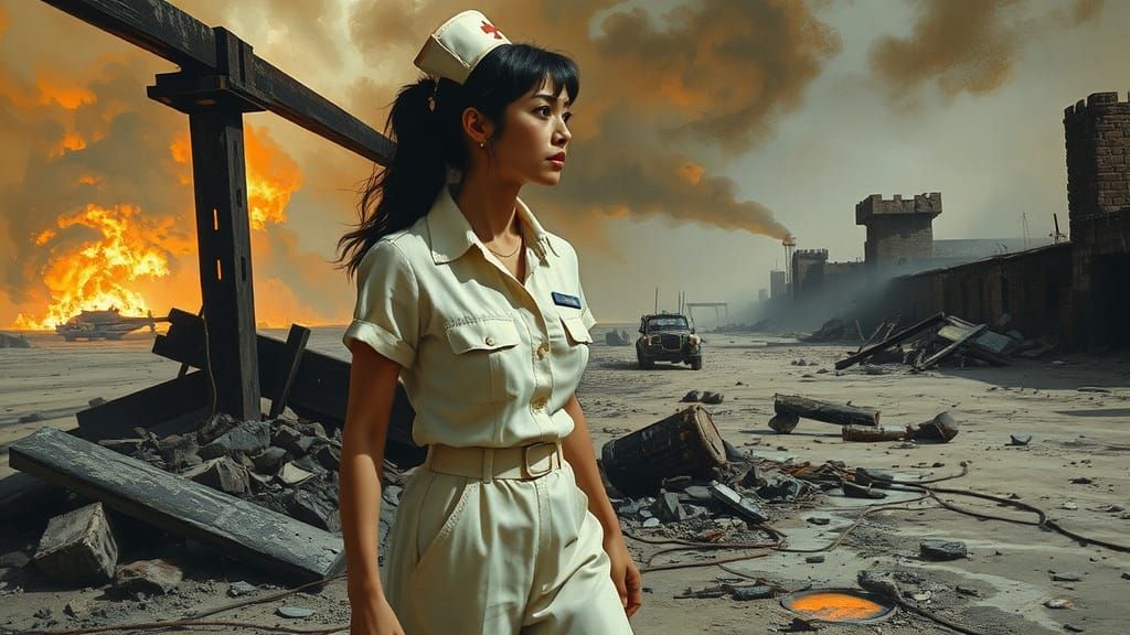 Japanese Nurse in Post-Apocalyptic Warzone, in Vibrant Oil P...