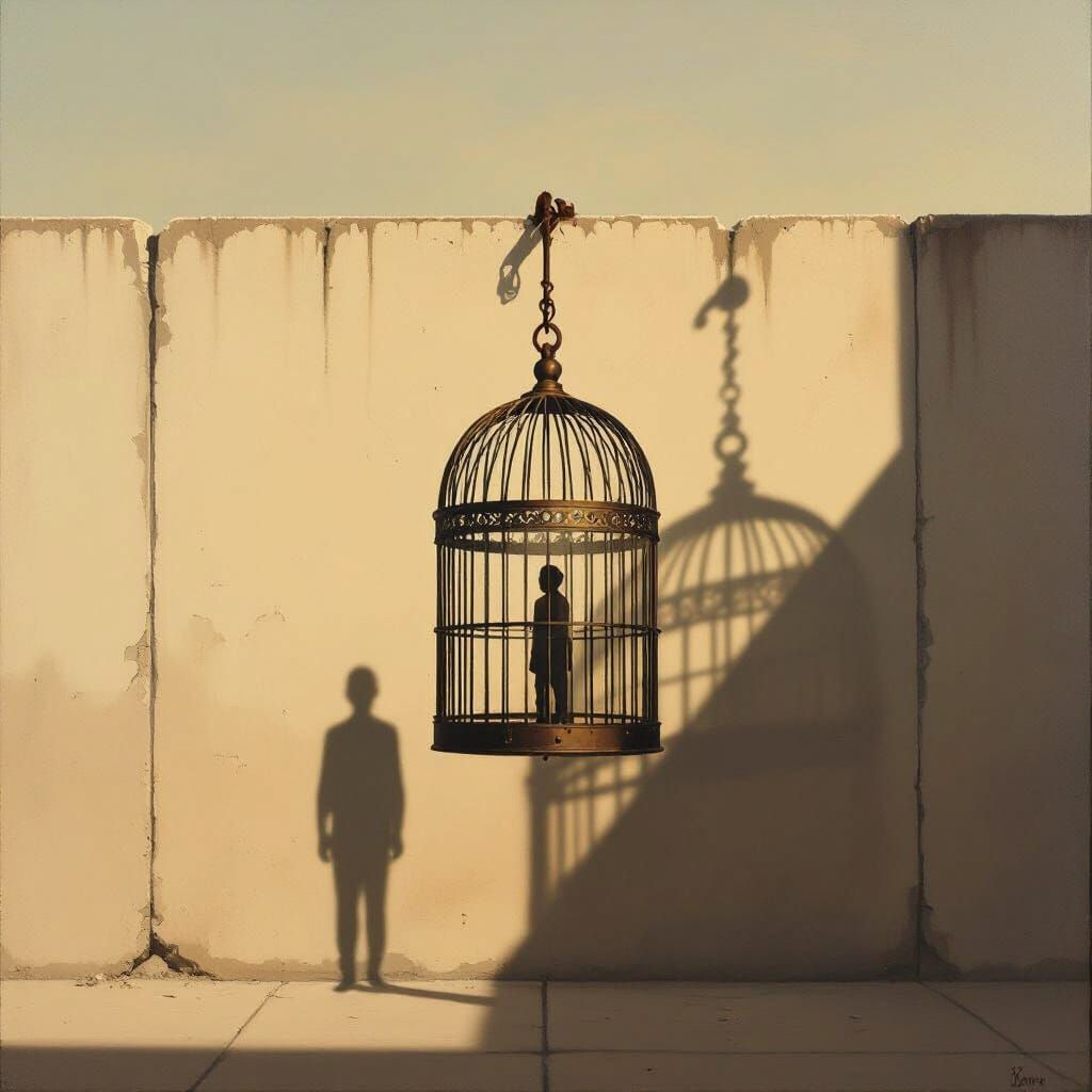 Titanium Birdcage Shadow on Border Wall