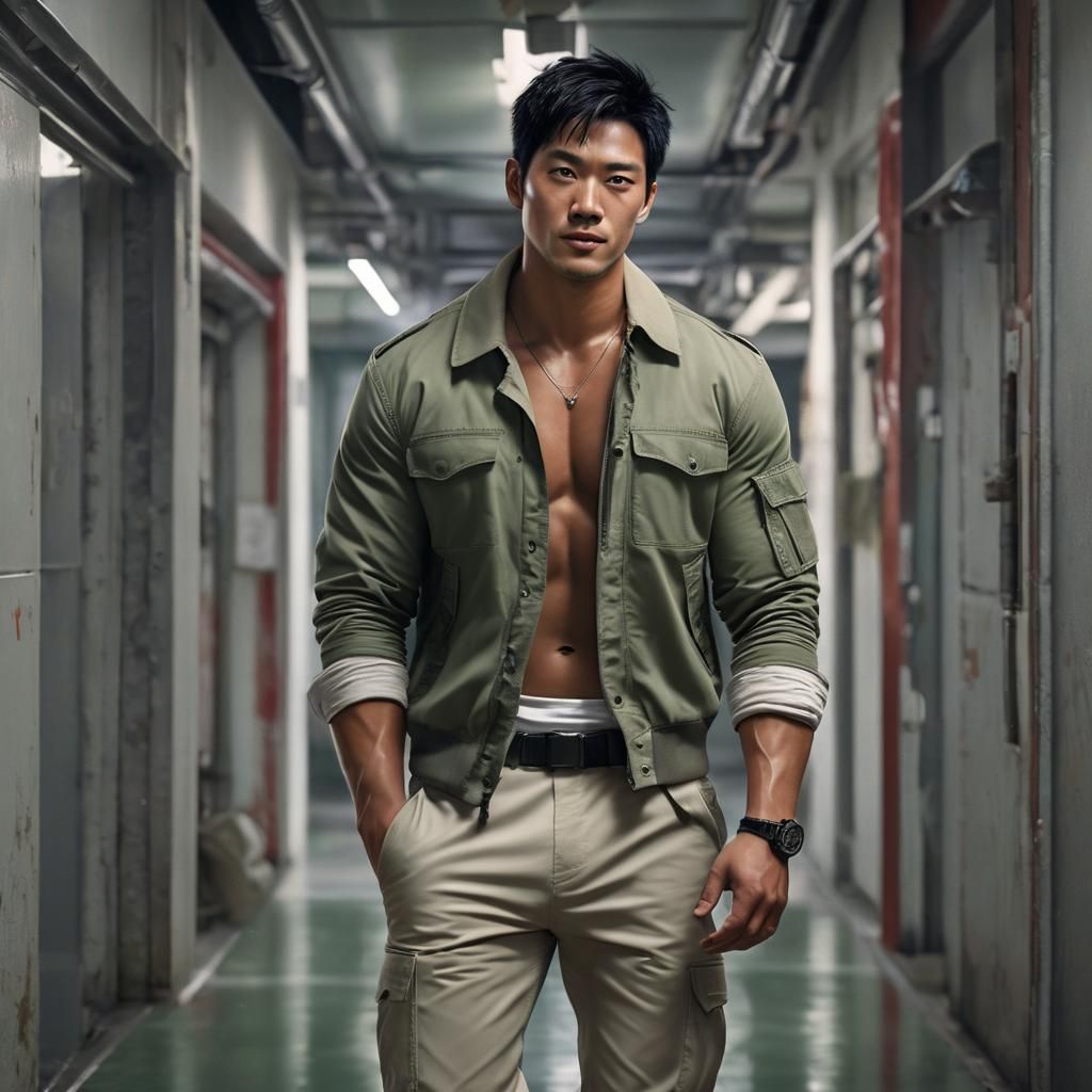 Handsome Korean Man in Steel Hallway: Hyperrealistic Art