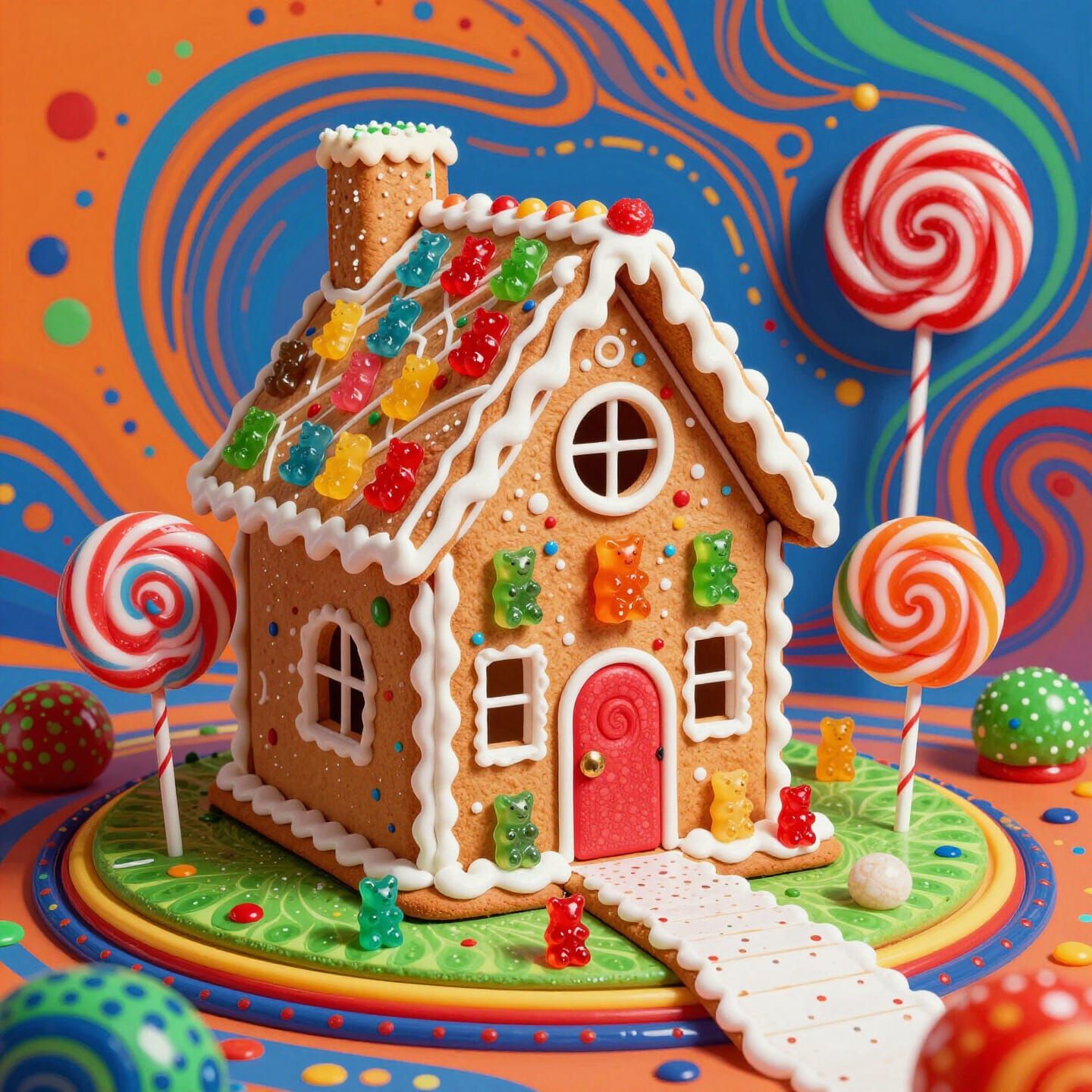 Whimsical Candy Landscape with Gummy Bears and Lollipop Tree...