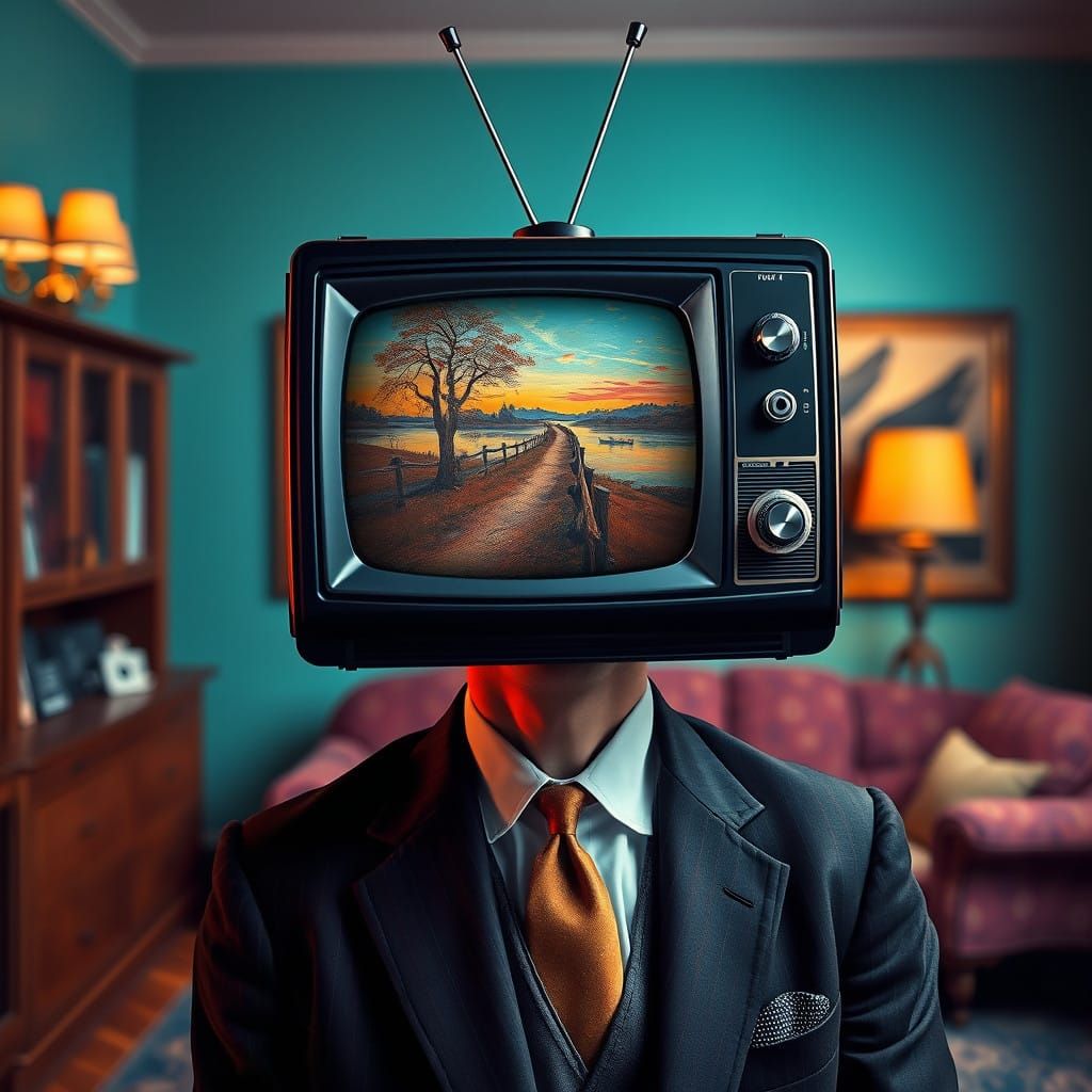 Dignified Gentleman with a TV Head in a 1950s Home Aesthetic