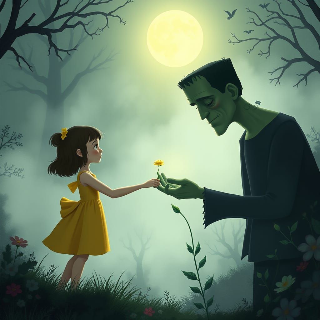 Girl Offers Flower to Frankenstein in Moonlit Garden